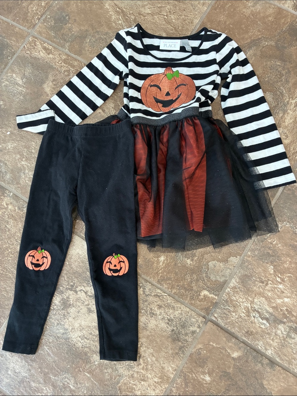 The Children's Place Black & White Striped Pumpkin tunic-leggings set